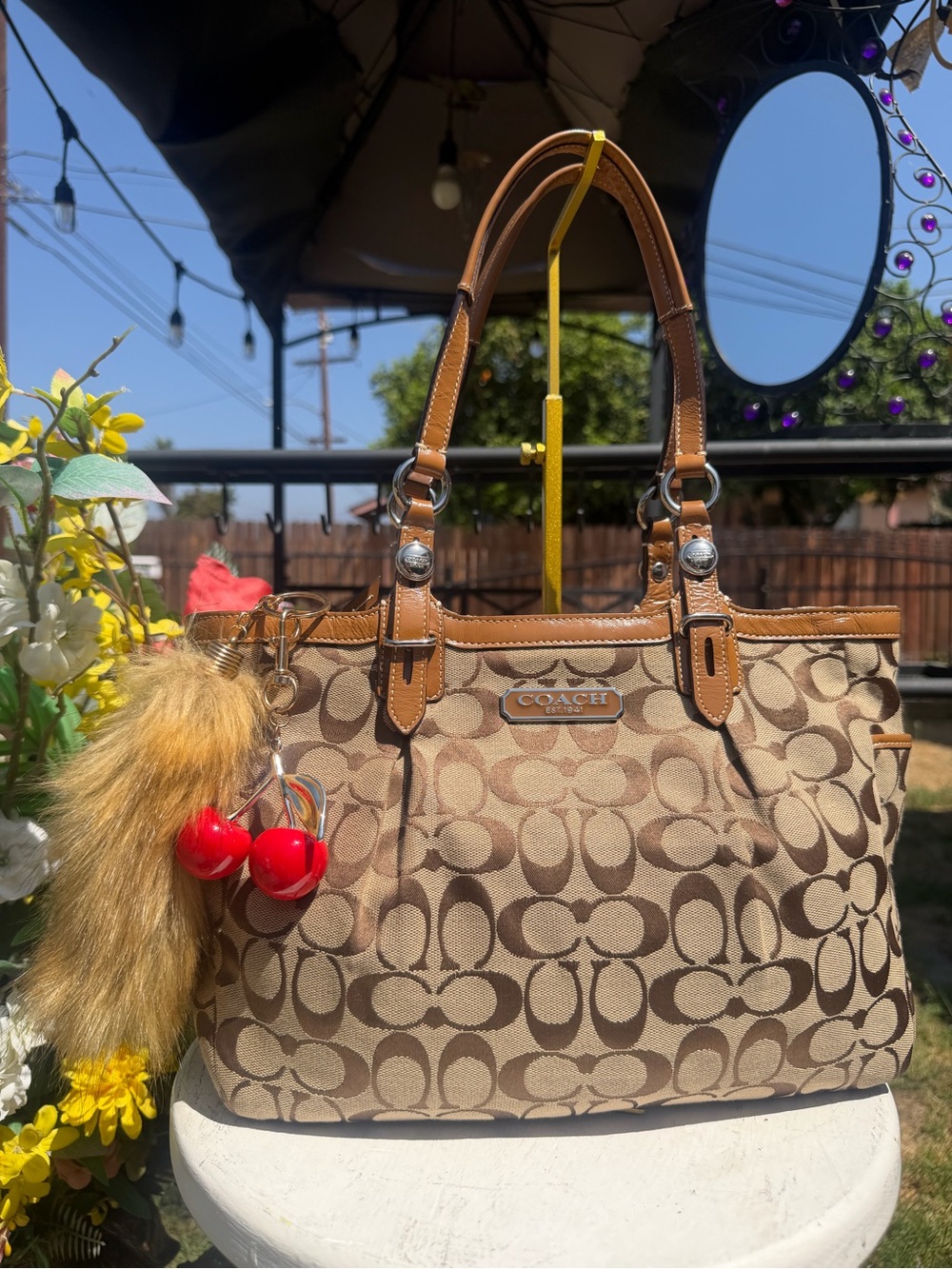 Coach Signature Canvas Brown Leather Pleated Tote Shoulder Bag